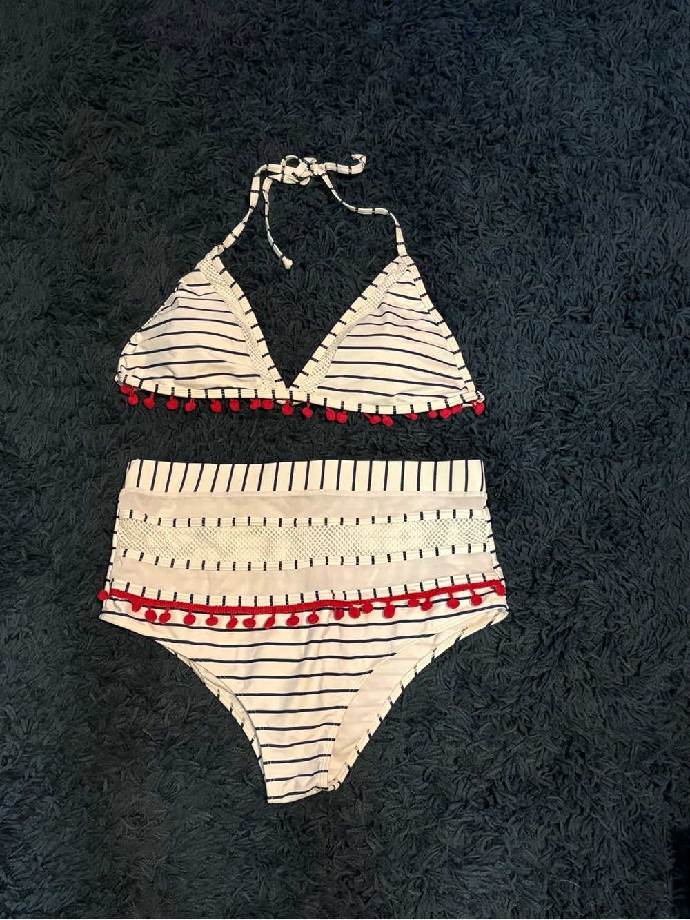 NWOT XL Striped White & Navy Pom-Pom High-Waist Bikini Set with Red Accents